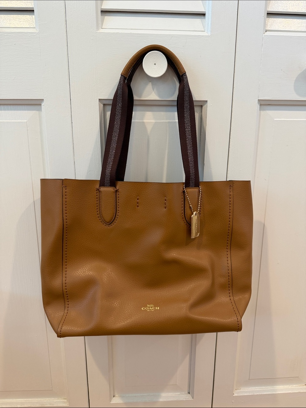 Coach Tan Leather Tote with Dark Brown Contrast Straps and Magnetic Closure